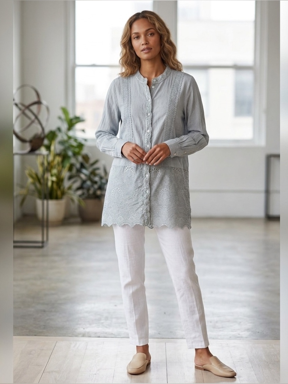 POL Women Medium Blue Gray Lace Button Down Boho Tunic Top Cotton
